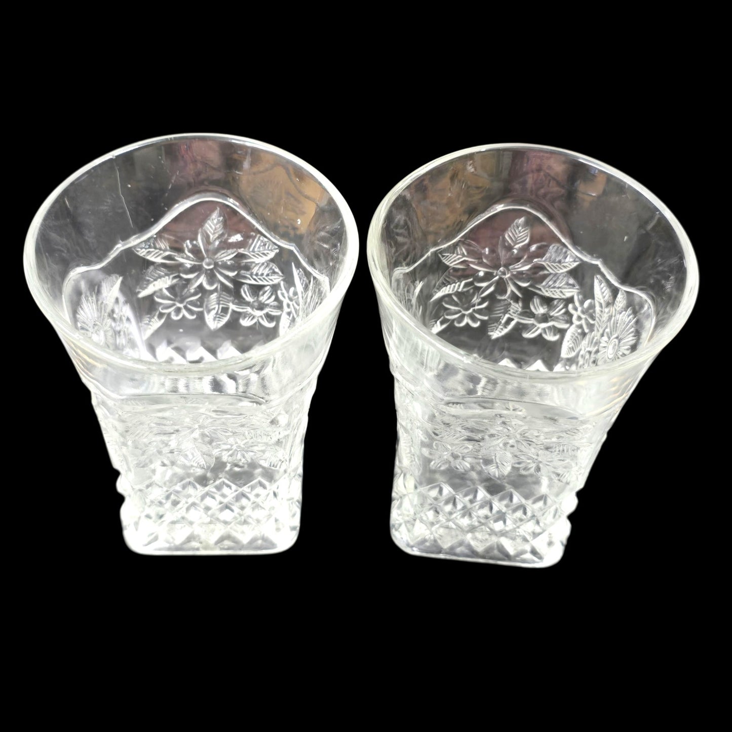 AS IS Vtg Pressed Glass Tumblers Pair 4" Daisy Diamond Pattern Clear Square Base