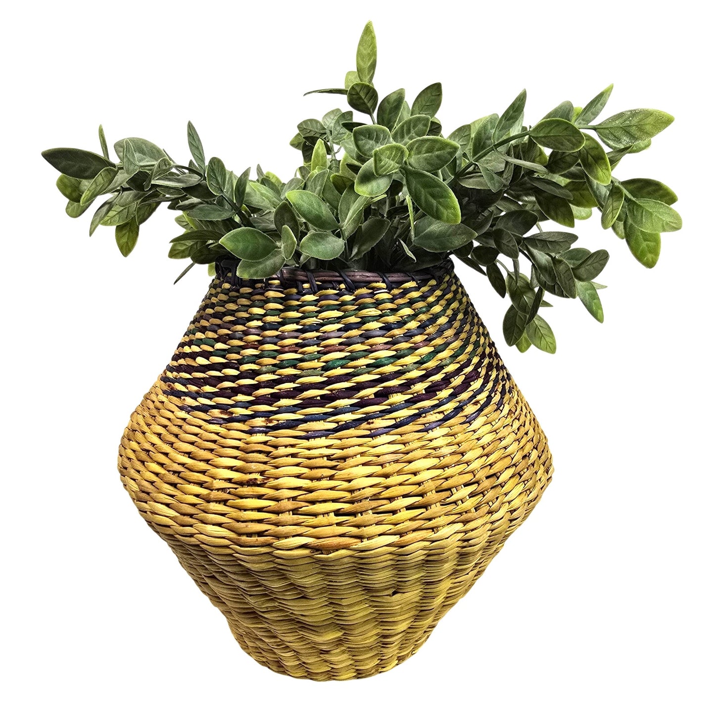 Vintage Woven Seagrass Basket Coiled Boho Yellow Purple Blue Tapered Vase Planter