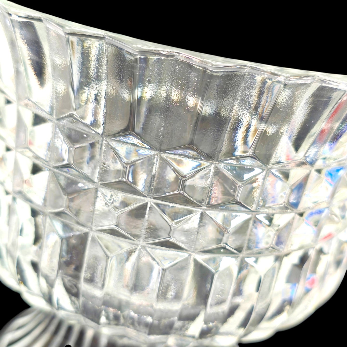 Vintage 1986 Pressed Glass Pedestal Bowl FTDA Diamond Cut & Ribbed Candy Dish