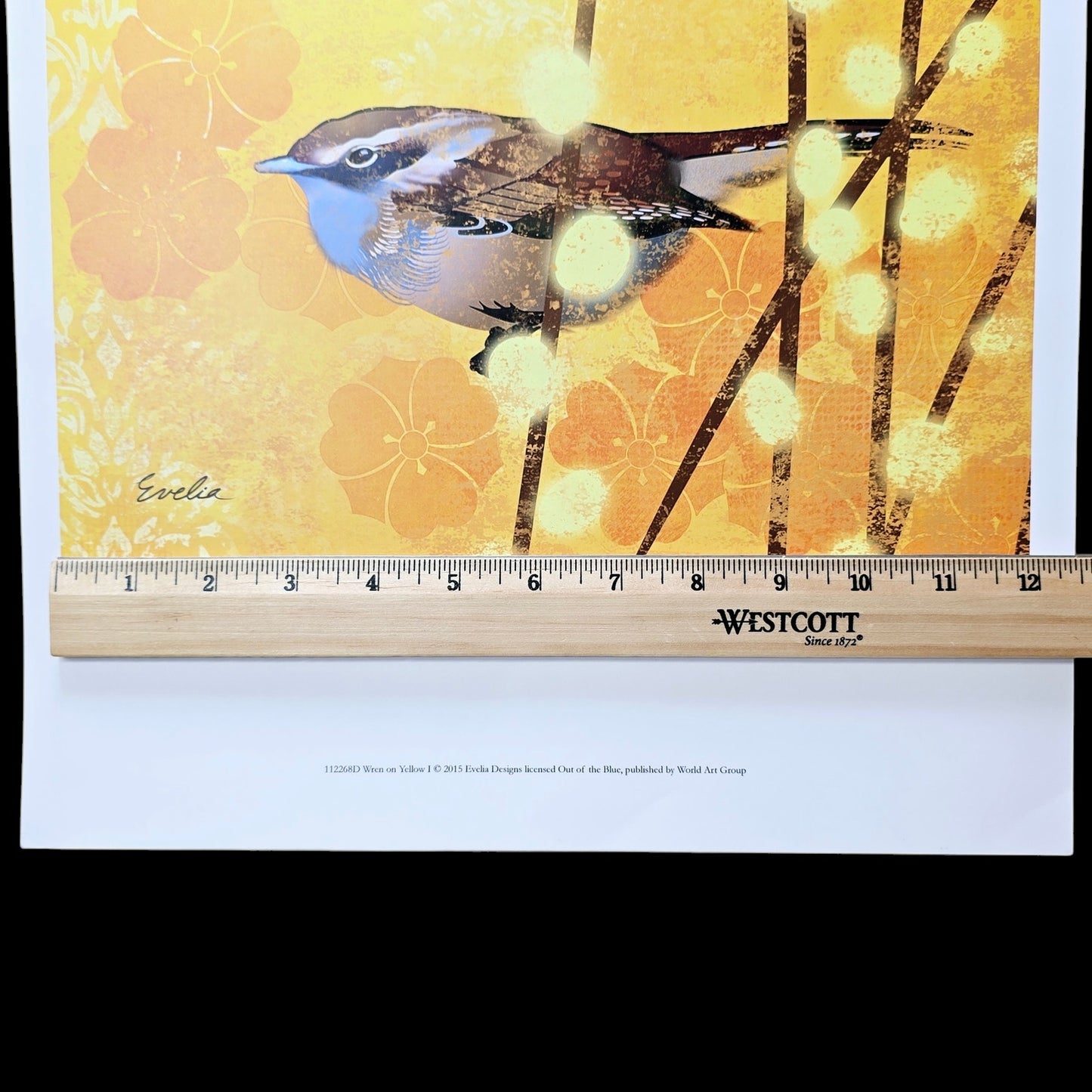 Set of 2 Wren Bird Art Prints: Wren on Yellow I and II, 2015 Evelia Designs, Licensed Out of the Blue, Published by World Art Group