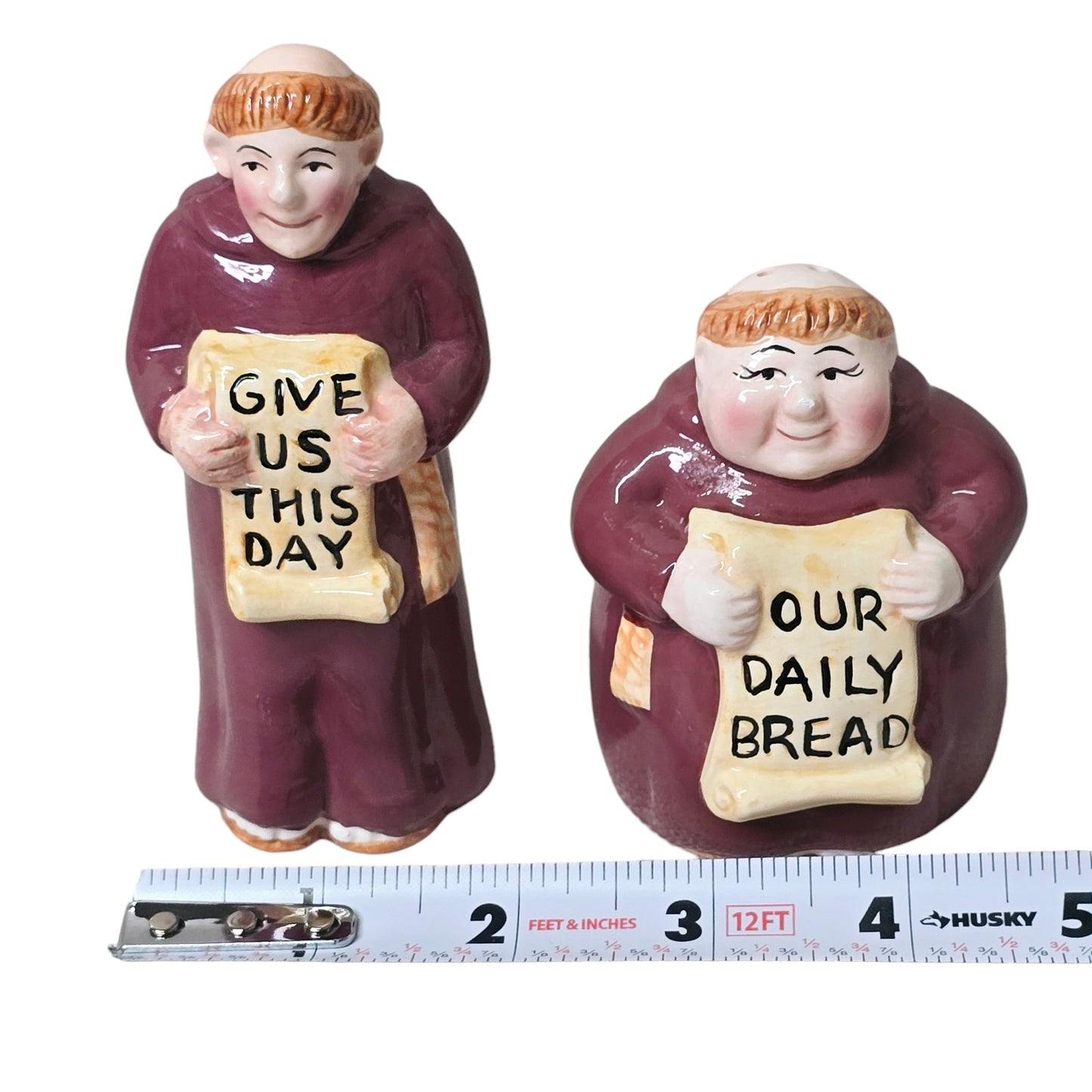 Vintage Monk Salt & Pepper Shakers "Give Us This Day Our Daily Bread”, Clay Art