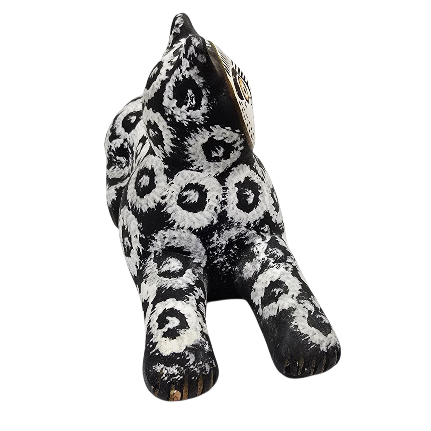 Folk Art Black White Kitsch Cat Figurine Hand Painted Clay Pottery Animal Decor