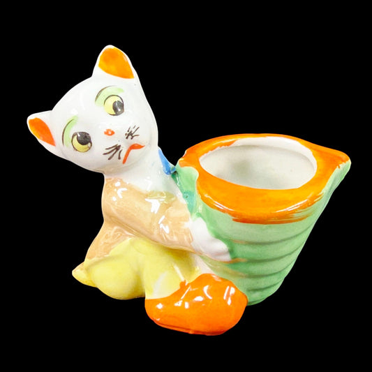 VIntage Anthropomorphic Cat Figurine, Planter / Pin Cushion Made in Japan 1950s Lusterware