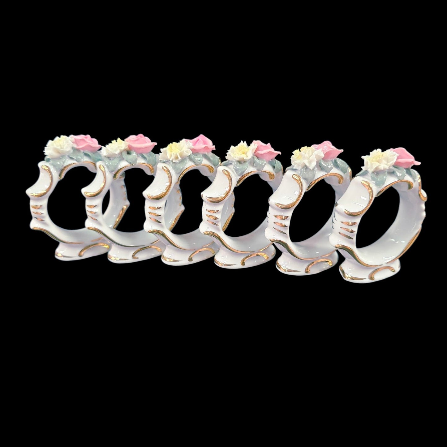 Vintage Set Of Six Dresden Pink Rose Porcelain Napkin Rings