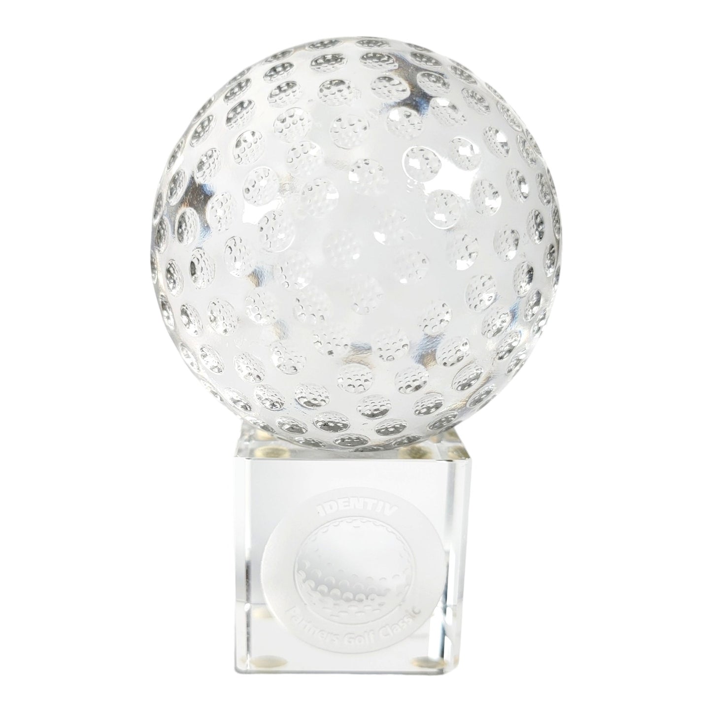 Solid Glass Golf Ball Paperweight on Stand, Identity Partners Golf Classic