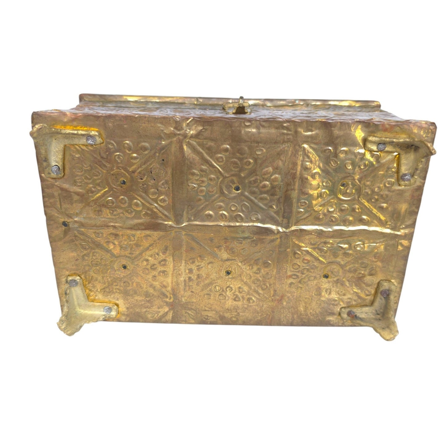(Reserved for Customer) Vintage Embossed Repousse Brass Jewelry Box Red Velvet Lined Ornate Features