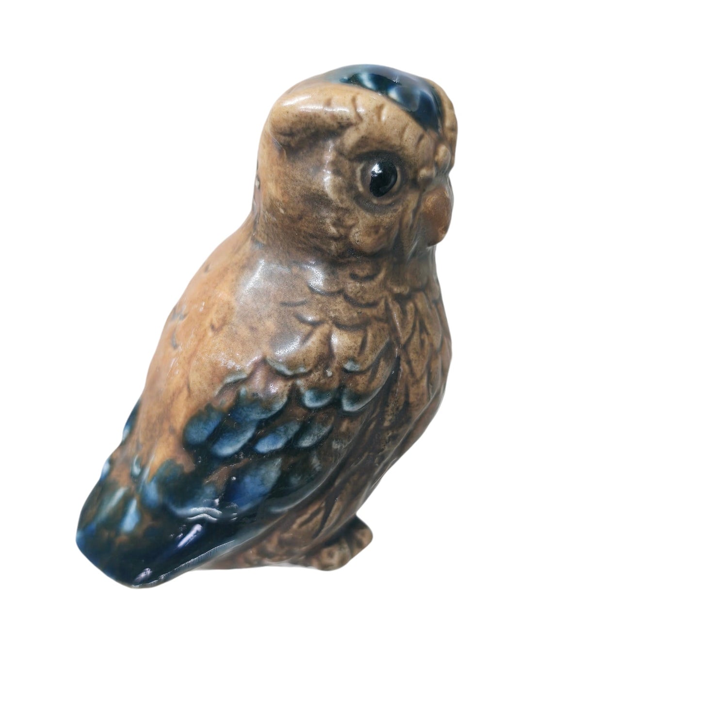 Tiny Vintage Ceramic Owl Figurine Blue Feathers Made in Japan