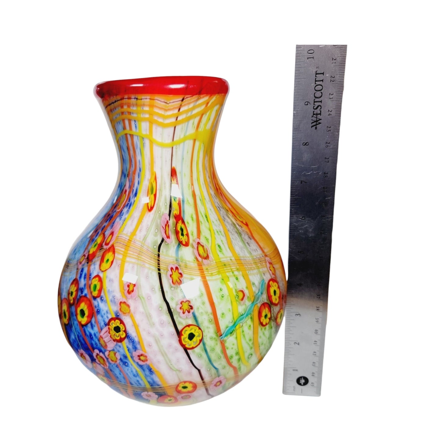 Large Murano Style Art Glass Vase Millefiori Hand-Blown Cased Glass 9.5"