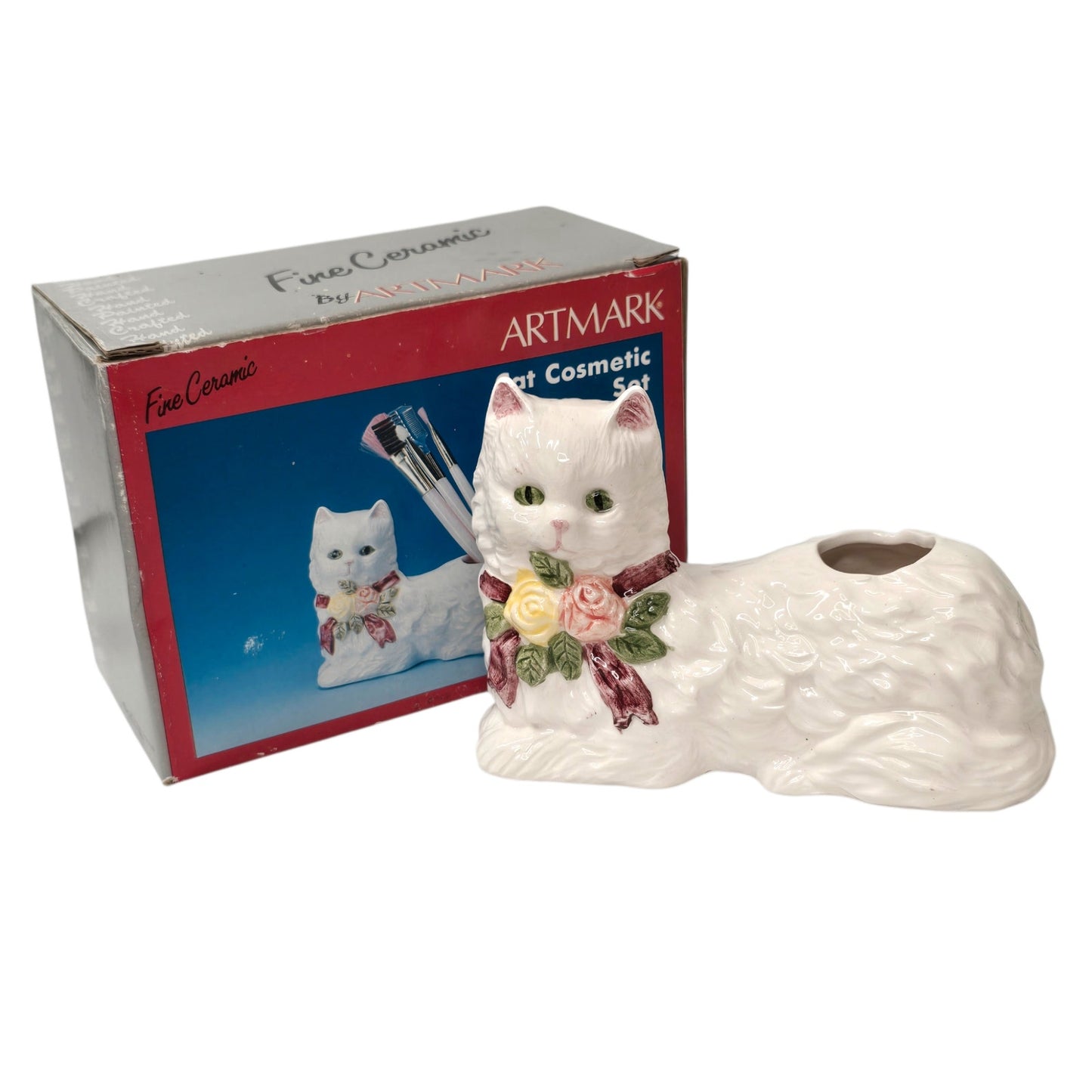 Vintage Artmark White Persian Cat Cosmetic Brush Holder - NIB