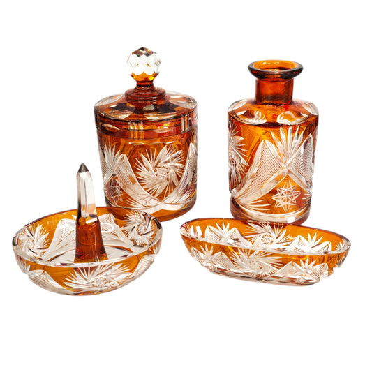 Vtg Amber Bohemian Cut Glass Vanity Set 5‑Piece Jewelry Dresser Set Orange-Brown