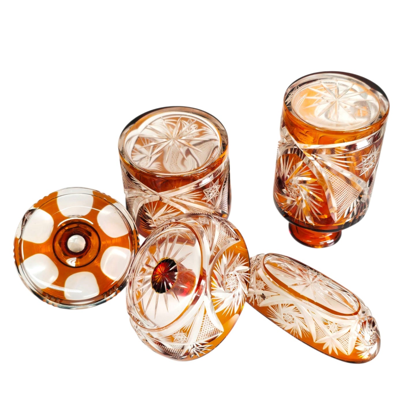 Vtg Amber Bohemian Cut Glass Vanity Set 5‑Piece Jewelry Dresser Set Orange-Brown