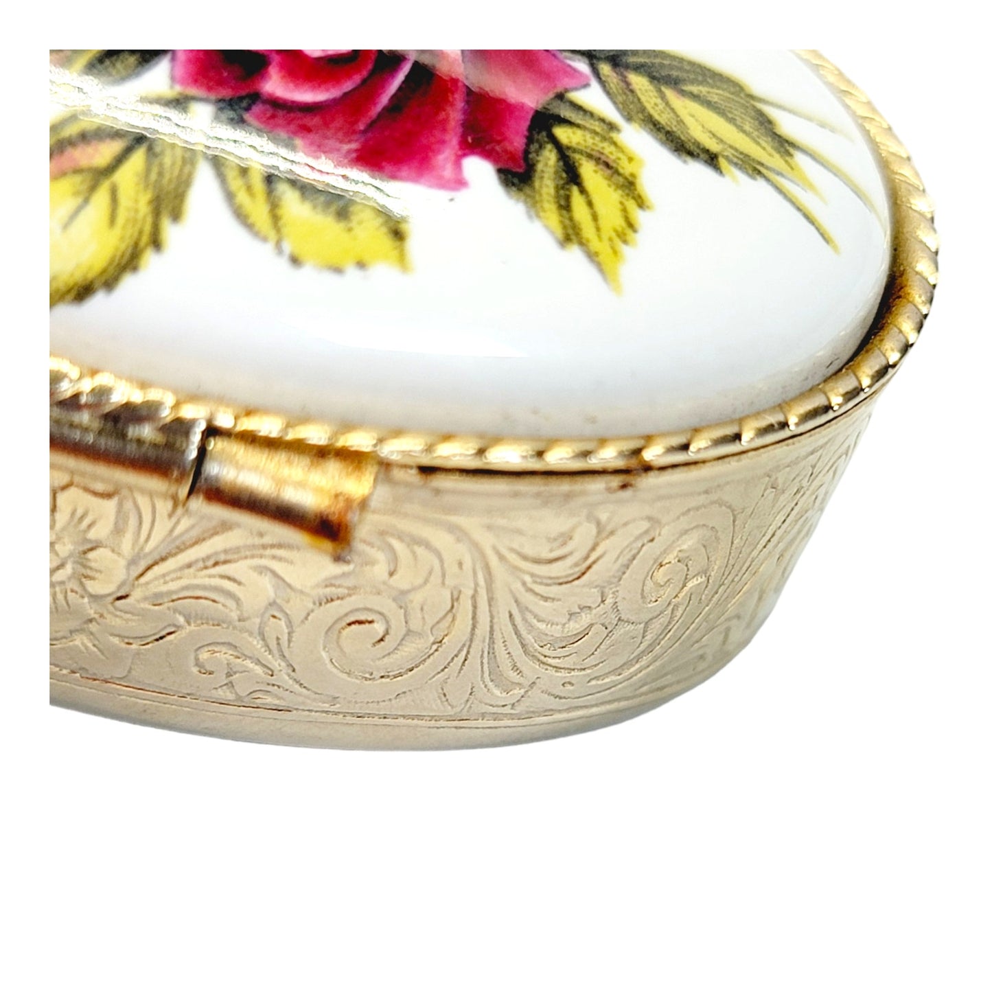 Vintage Ceramic & Metal Hinged Pill Box, Floral Roses Trinket Box