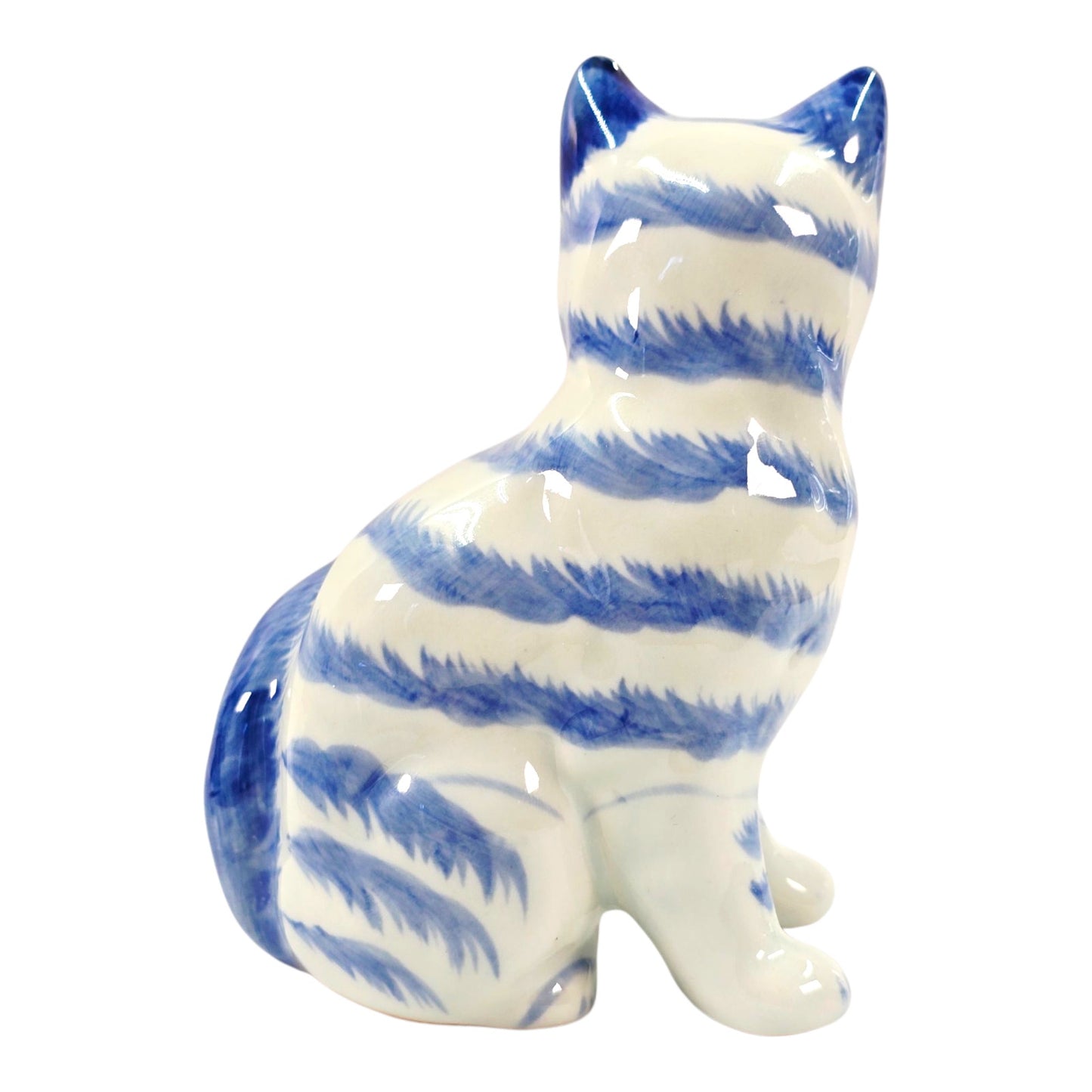 Vintage Porcelain Cat Figurine White with Blue Stripes
