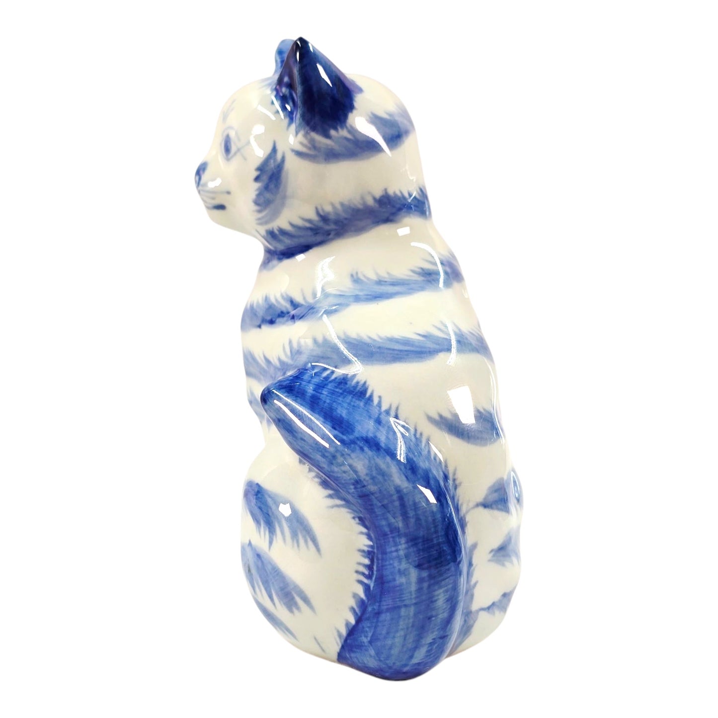 Vintage Porcelain Cat Figurine White with Blue Stripes