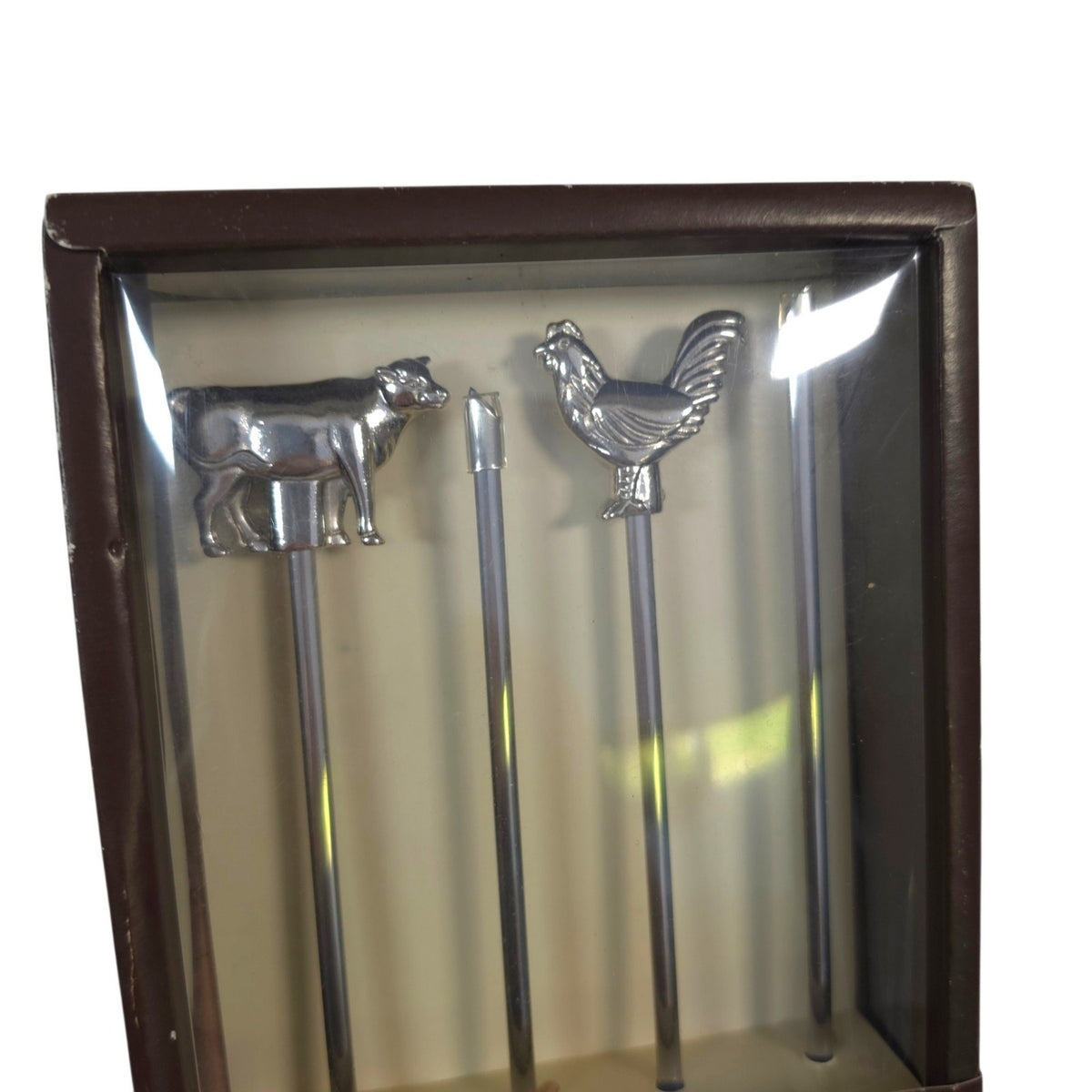 Williams-Sonoma Chrome Animal Skewers Set of 4 Cow Pig Rooster Fish NIB