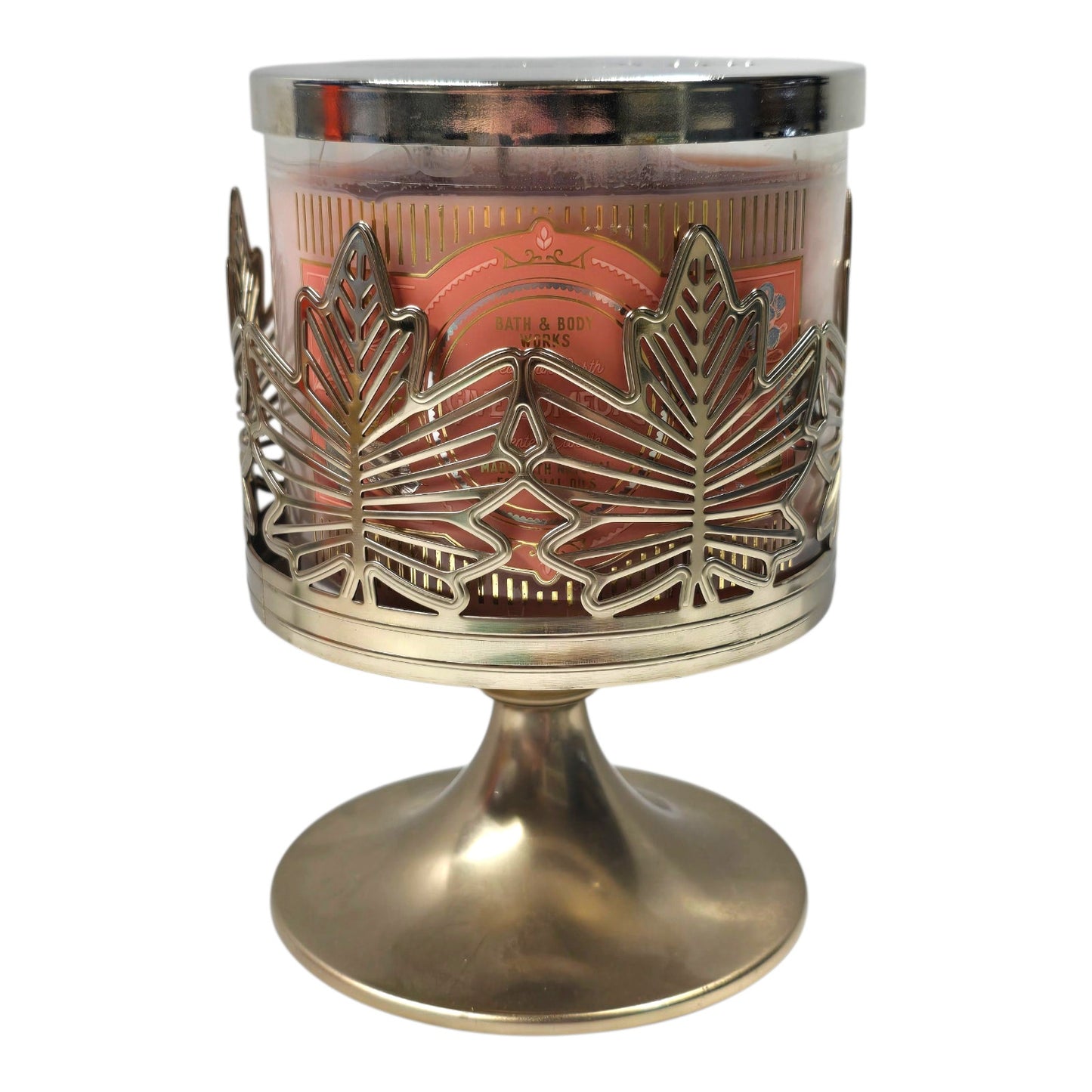 Bath & Body Works Gold Pedestal Maple Leaf Candle Holder + Peach on Earth Candle