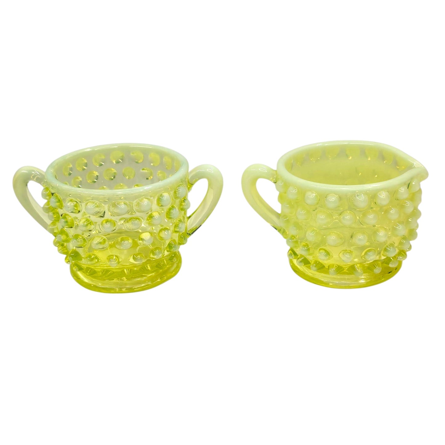 (Reserved for Customer) Fenton Vaseline Opalescent Hobnail Creamer & Sugar Set Uranium Reactive