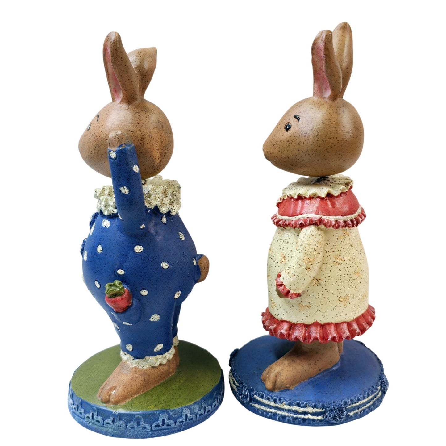 Set of 2 Vintage Bunny Rabbit Bubble Heads, Resin Sweet Dressed up Boy and Girl Bunnies with Baskets, Bobble Head