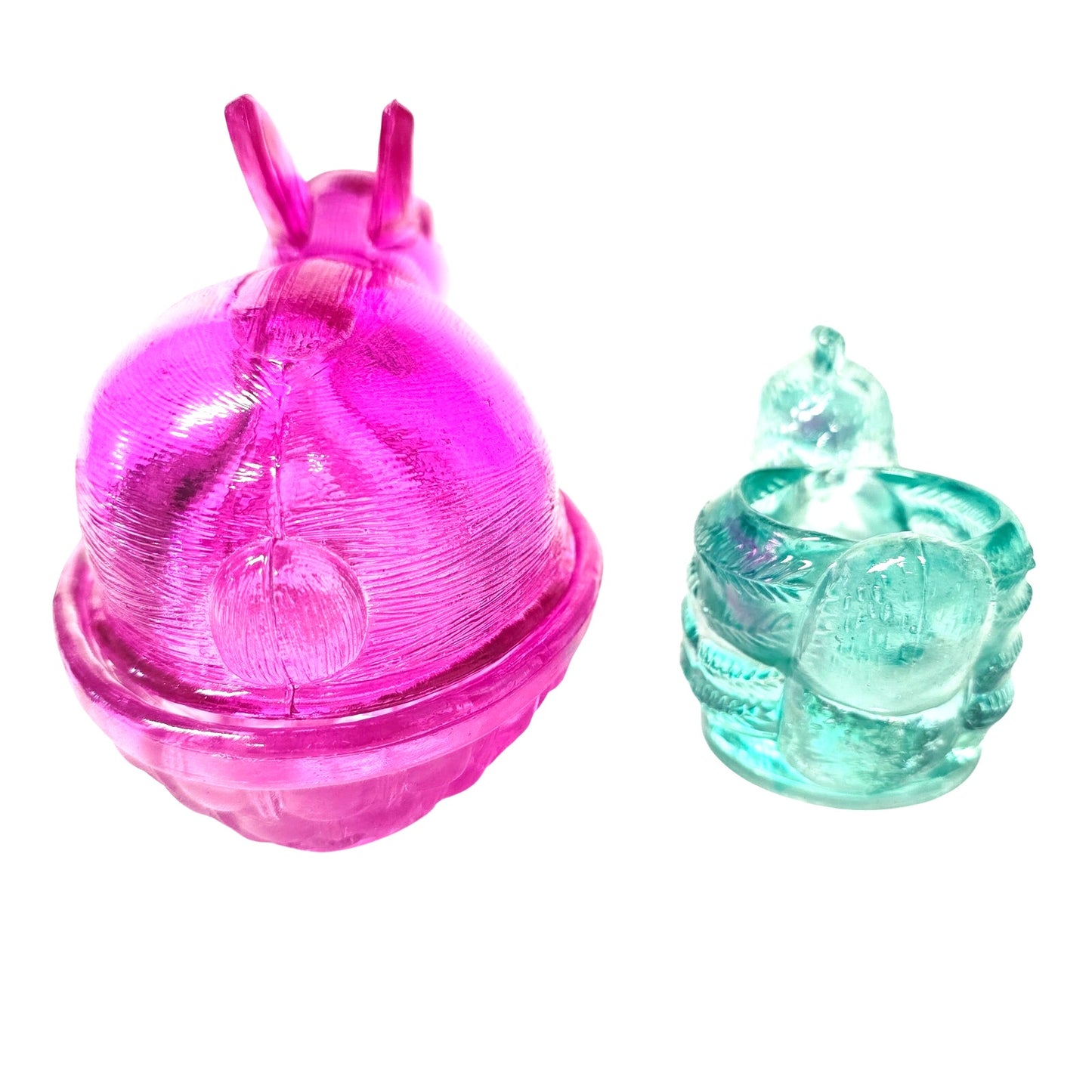 Fuchsia Pink Glass Bunny on Nest & Turquoise Blue Chicken Tealight Egg Holder