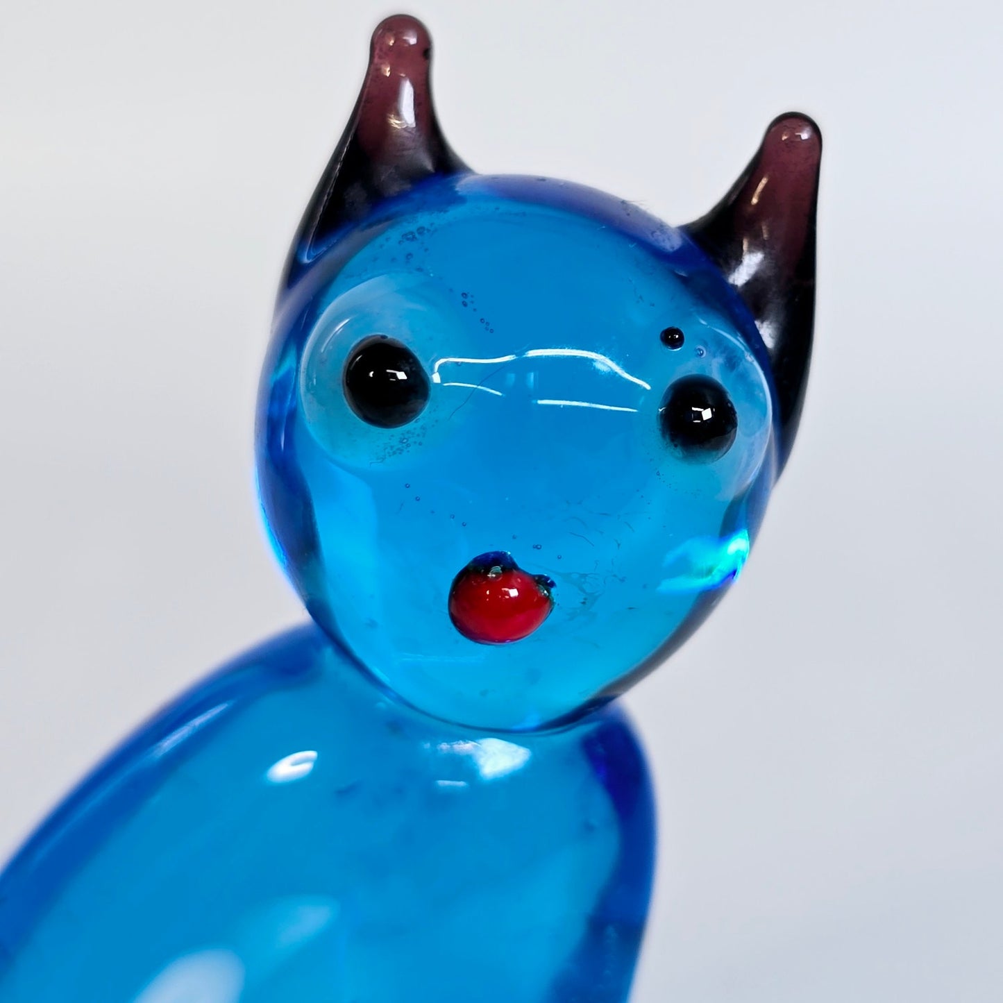 Handblown Blue Art Glass Cat, Sitting, Blue Stretch Glass Cat