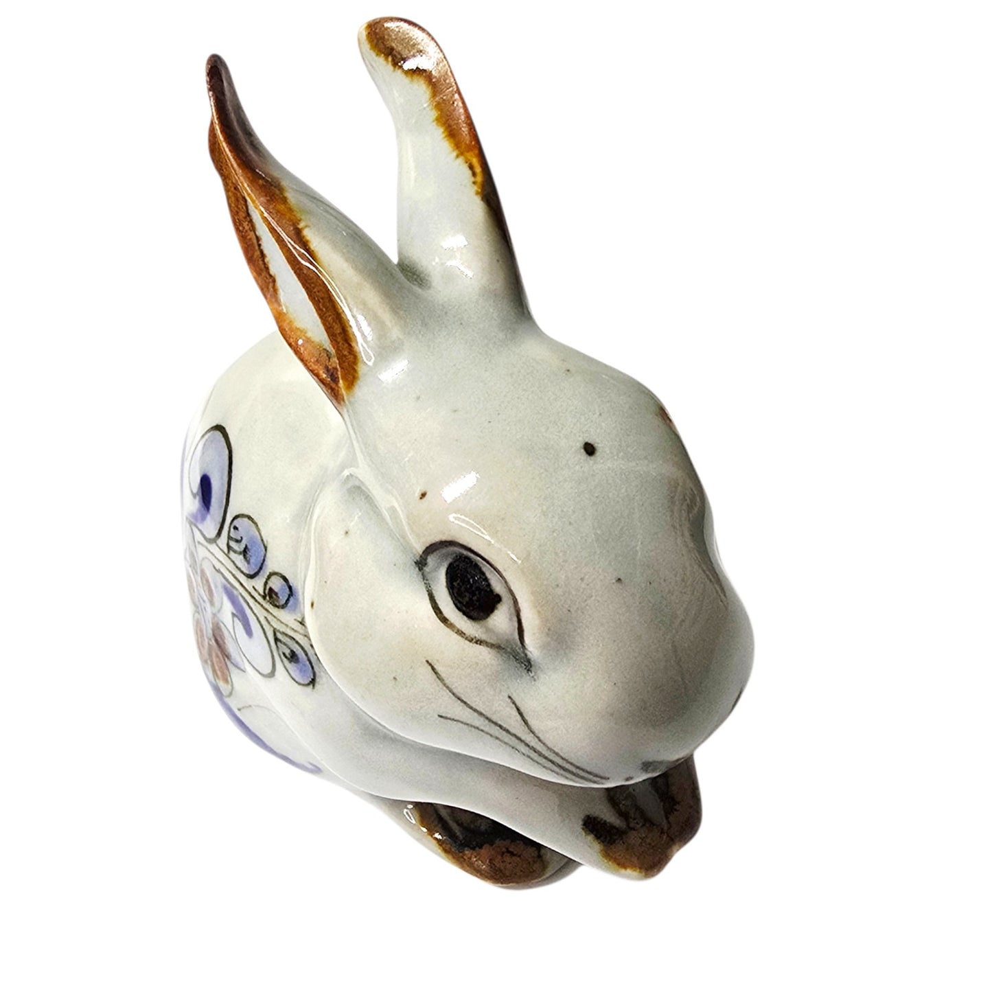 Vtg Tonala Mexico Pottery Rabbit Figurine Blue Floral Hand Painted AS IS Repair