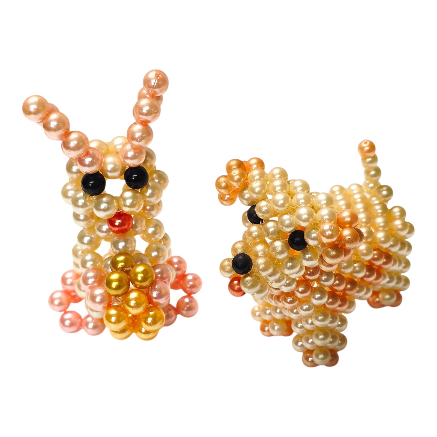Set of 2 Vintage Faux Pearl Beaded Dog and Bunny Pink & Cream Pearl Figurines