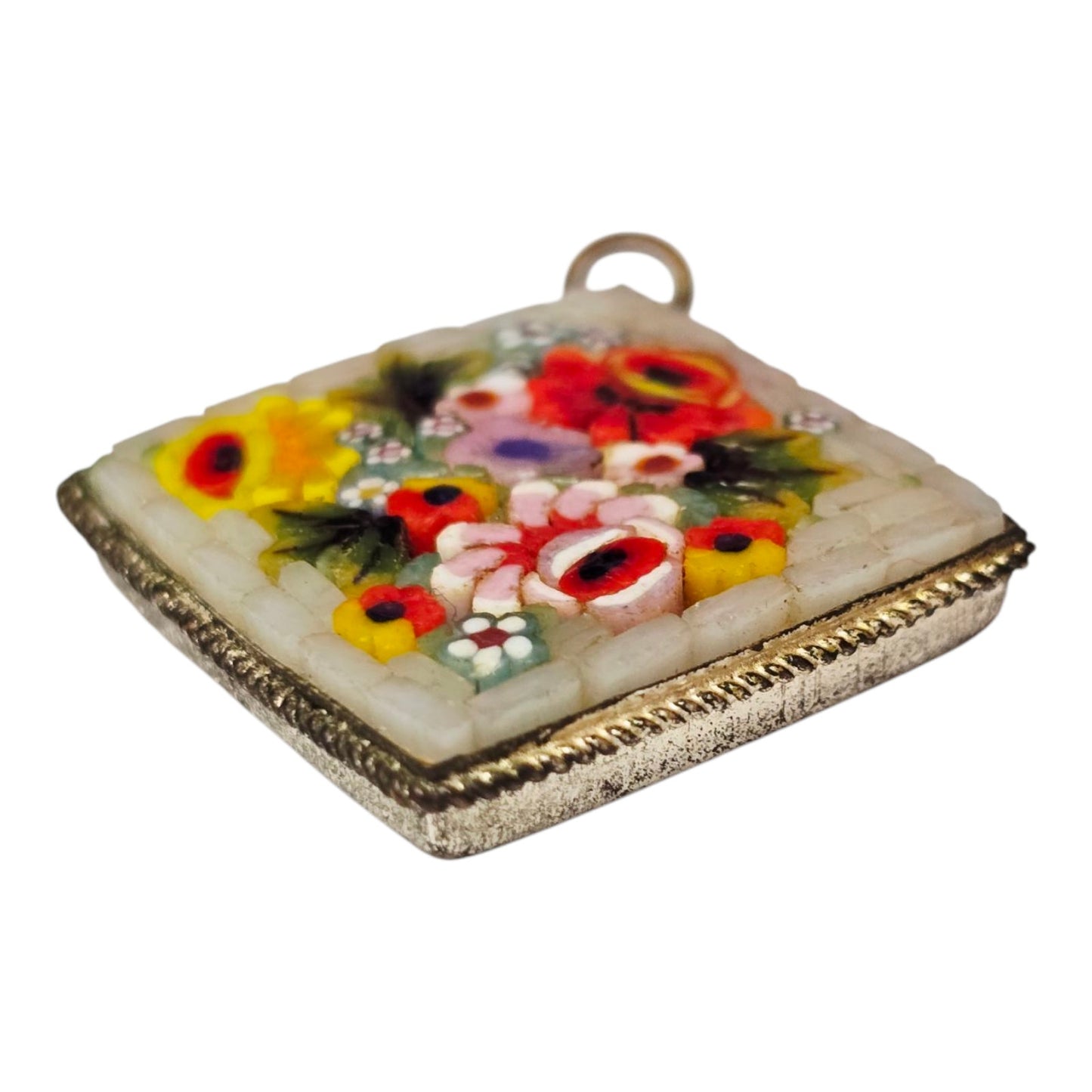 Italian Micro Mosiac Flower Pendant Marked Made in Italy Silver Plate Floral Red Yellow Pink