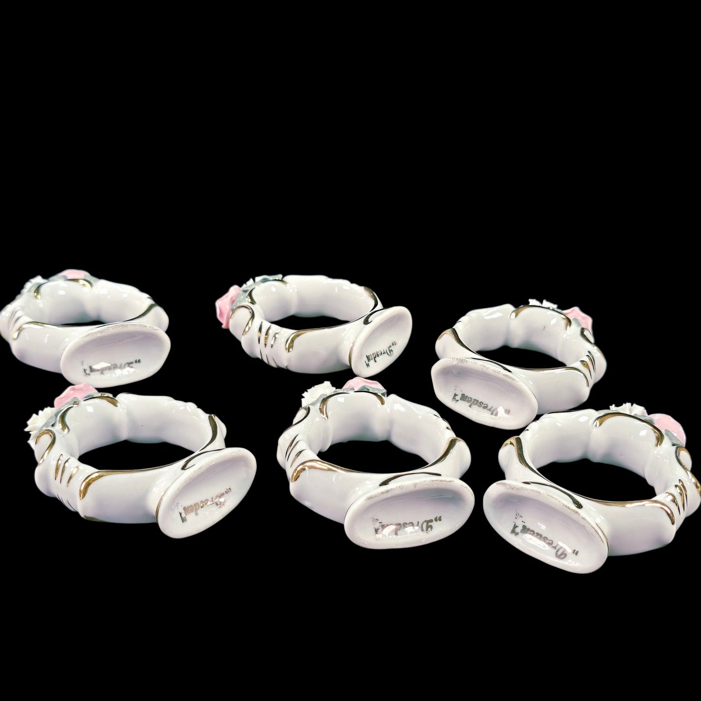 Vintage Set Of Six Dresden Pink Rose Porcelain Napkin Rings
