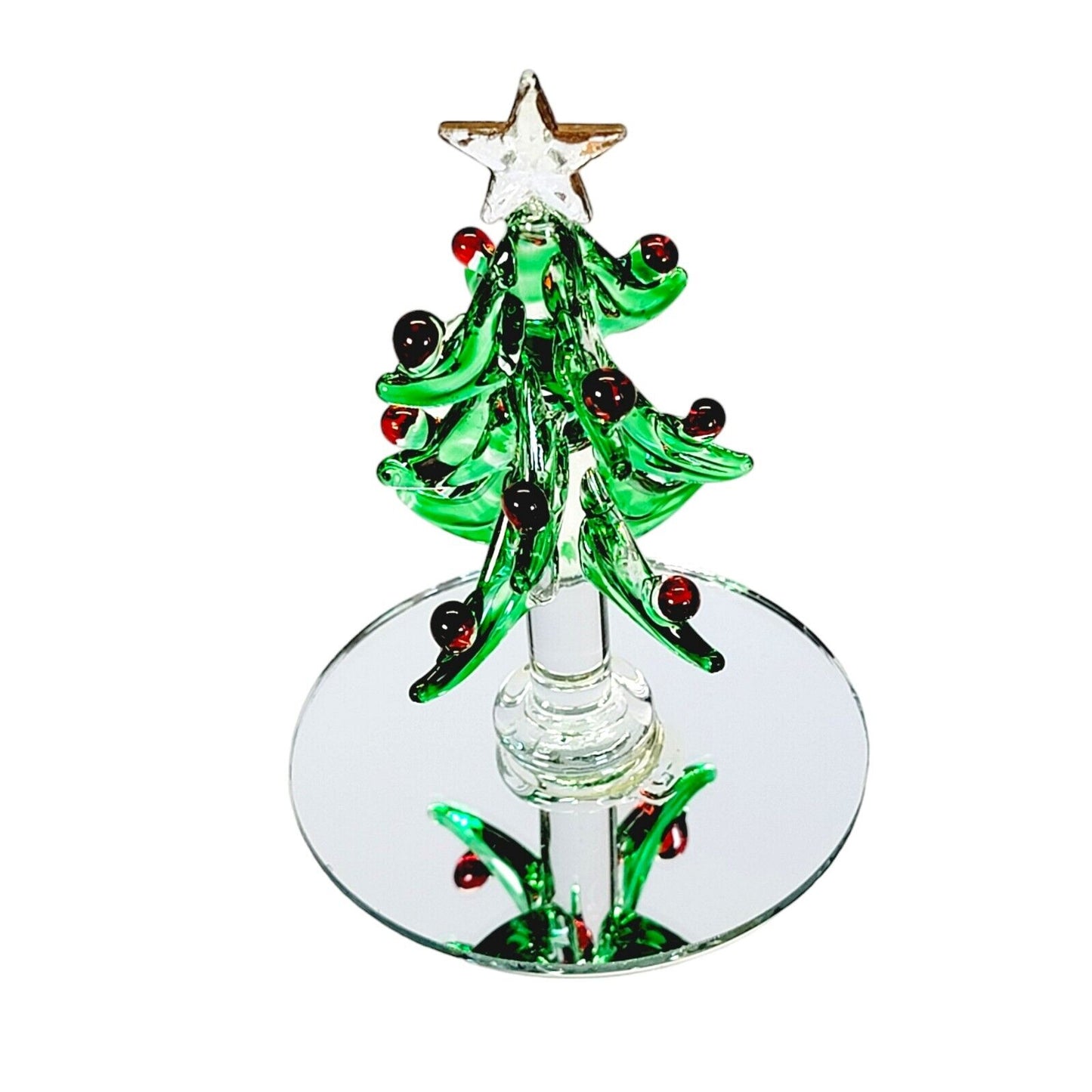 Vintage Spun Art Glass Christmas Tree with Mirror Base, Berries & Star, 3.25" H