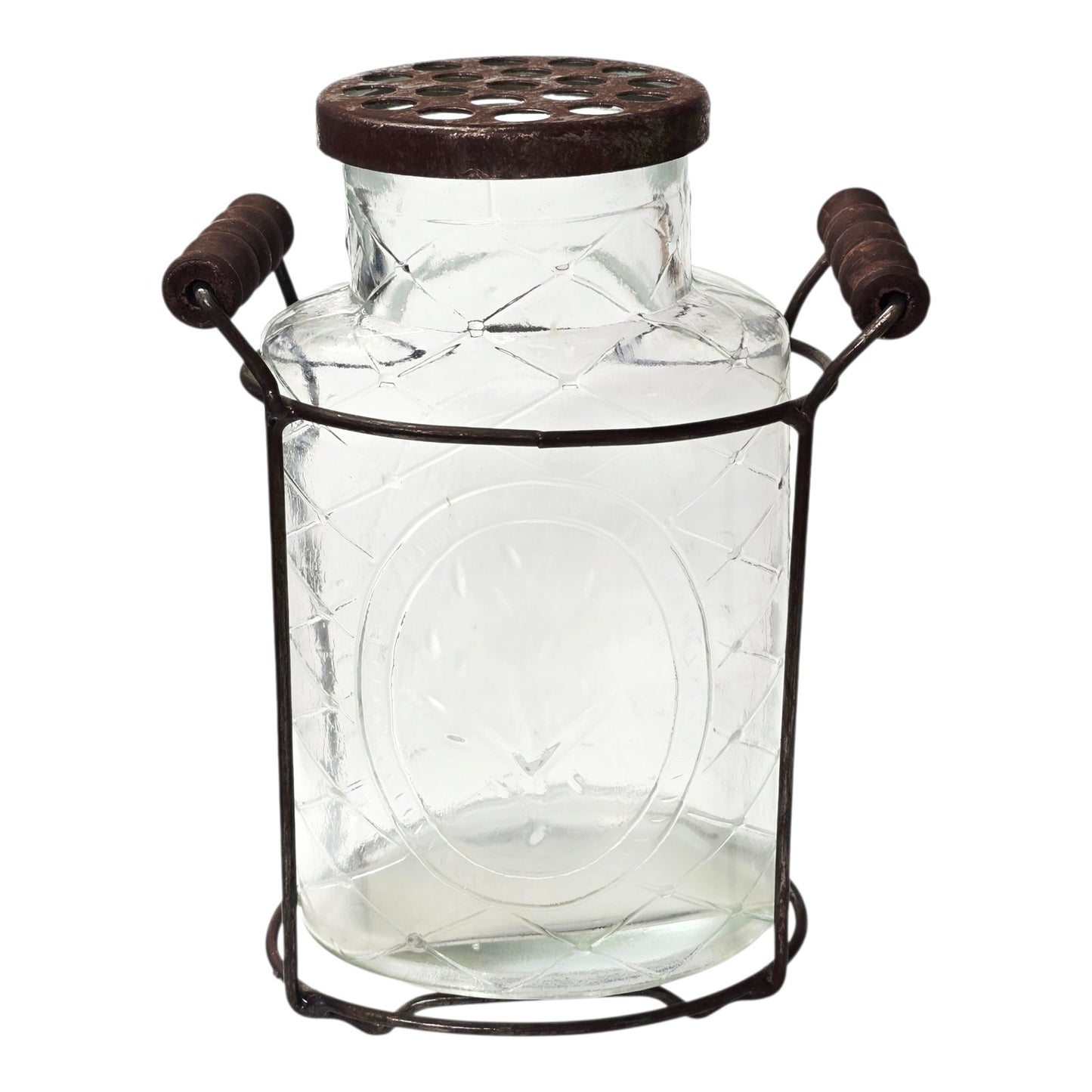 Rustic Farmhouse Glass Floral Vase with Fixed Flower Frog Lid & Wire Caddy