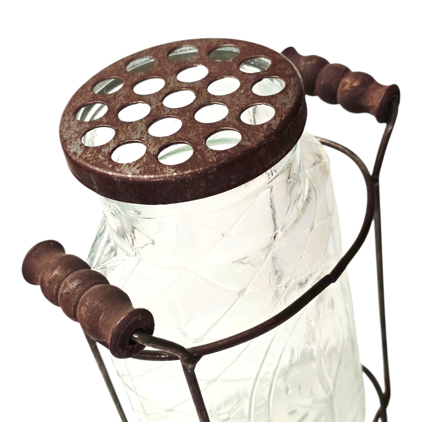 Rustic Farmhouse Glass Floral Vase with Fixed Flower Frog Lid & Wire Caddy