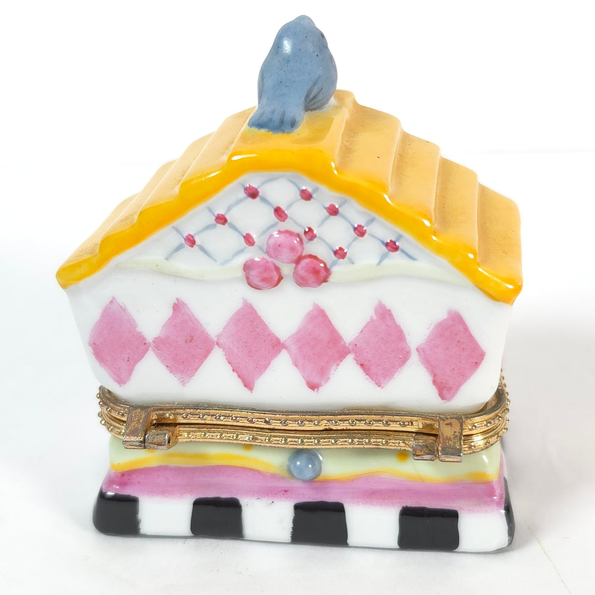 Bluebird Birdhouse Ceramic Hinged Trinket Box Yellow Roof Pink Diamonds