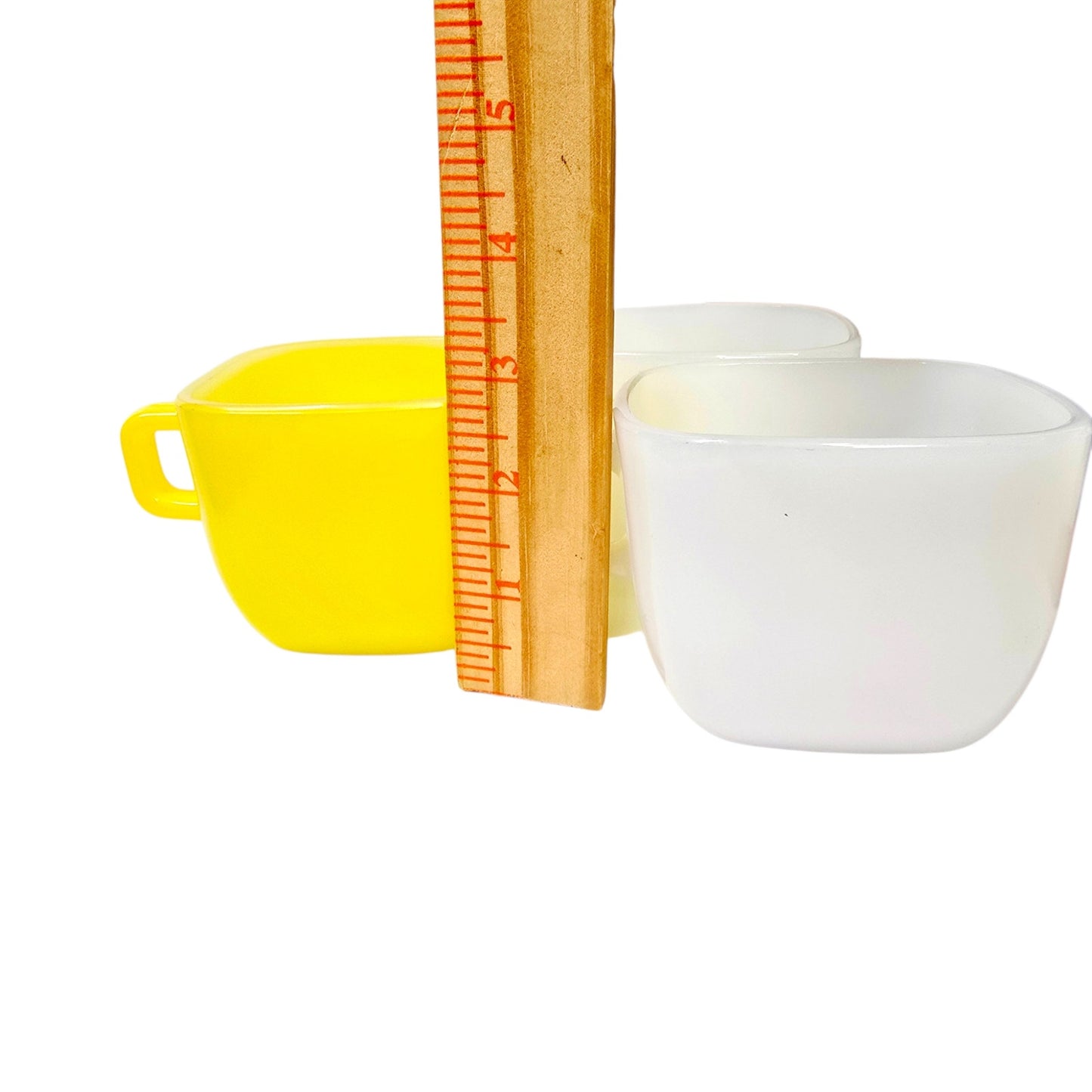 Glasbake Milk Glass Mugs Set 3 Square White Yellow USA Vintage Coffee Cups