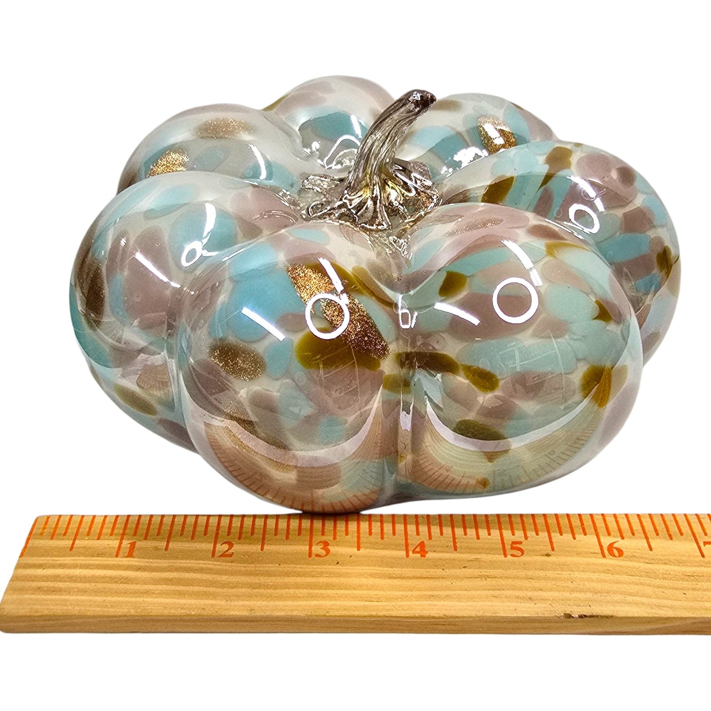 Hand Blown Art Glass Pumpkin Copper Aventurine, Lavender, Blue, Gold Speckled