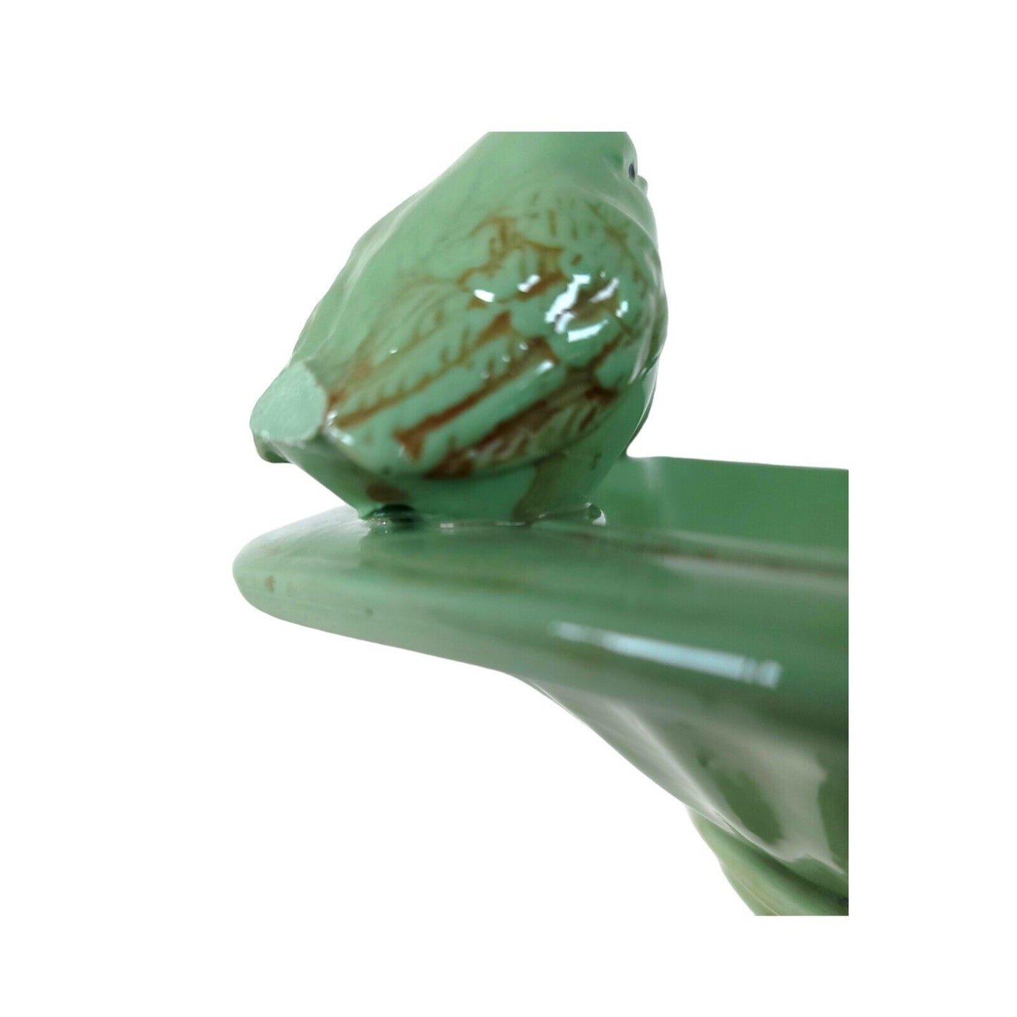 Tabletop Bird Bath Feeder Green Glazed Ceramic with 2 Perched Birds FLAW