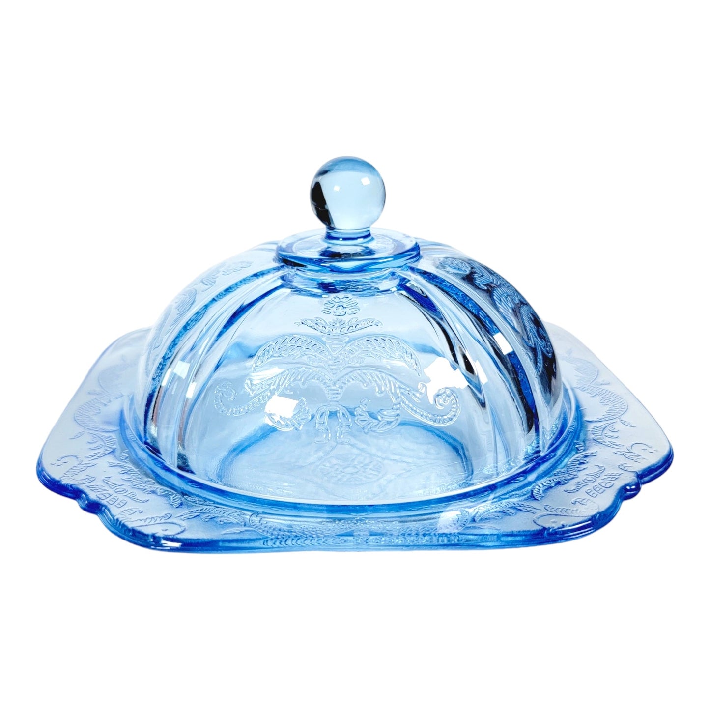 Vintage Indiana Glass Blue Madrid Covered Dish, Blue Depression Glass 6.75"