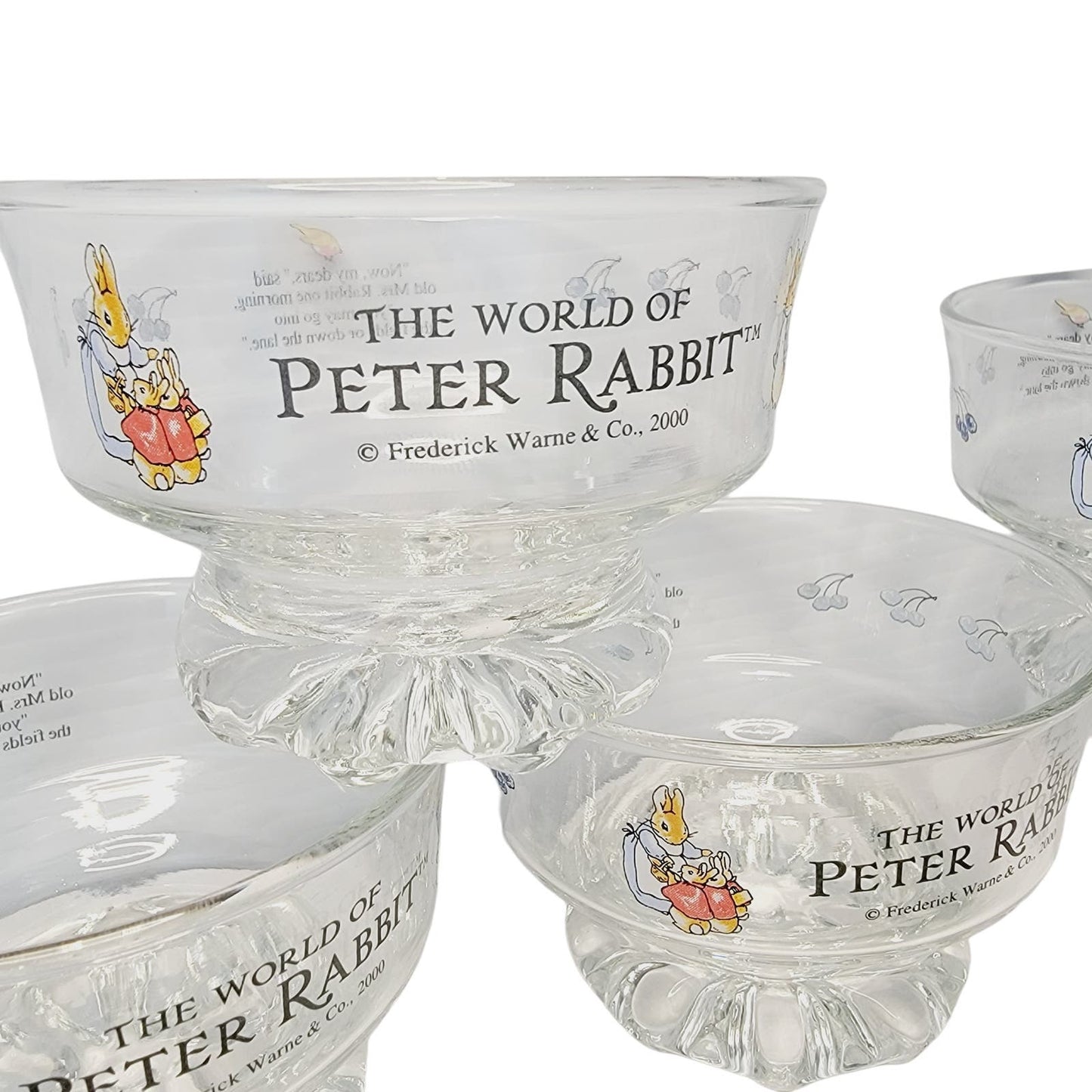 Set of 4 Vtg Peter Rabbit Frederick Warne & Co Glass Pedestal Dessert Bowls 2000