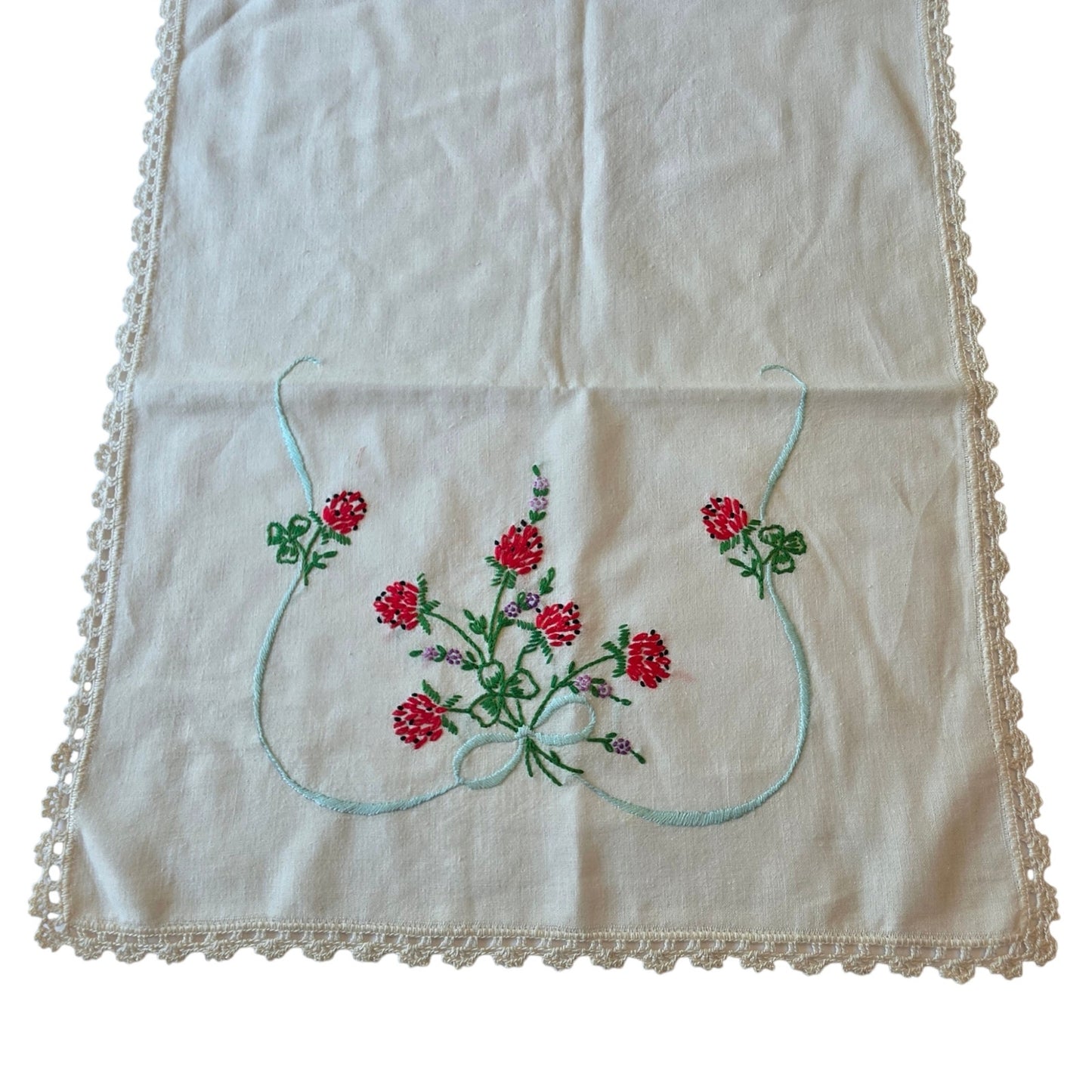 Vintage Berry Blossom Embroidered Linen Table Runner Dresser Scarf Crochet Lace