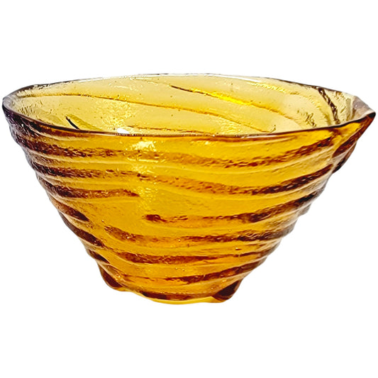 Swirled Ribbed Footed Amber Glass Bowl, Amber Glass Trinket Dish