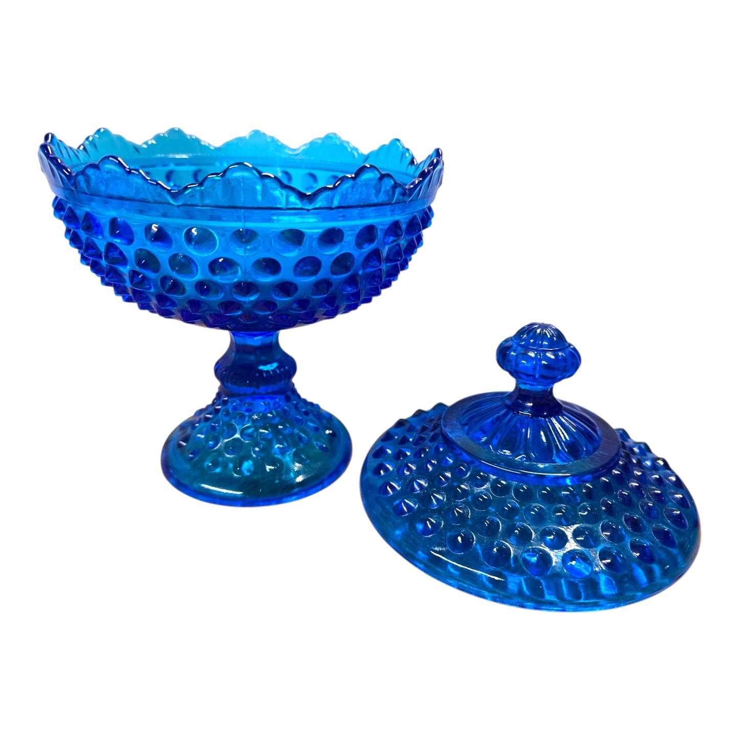 Vintage Blue Hobnail Covered Compote Pedestal Candy Dish – Glows Under 365nm UV
