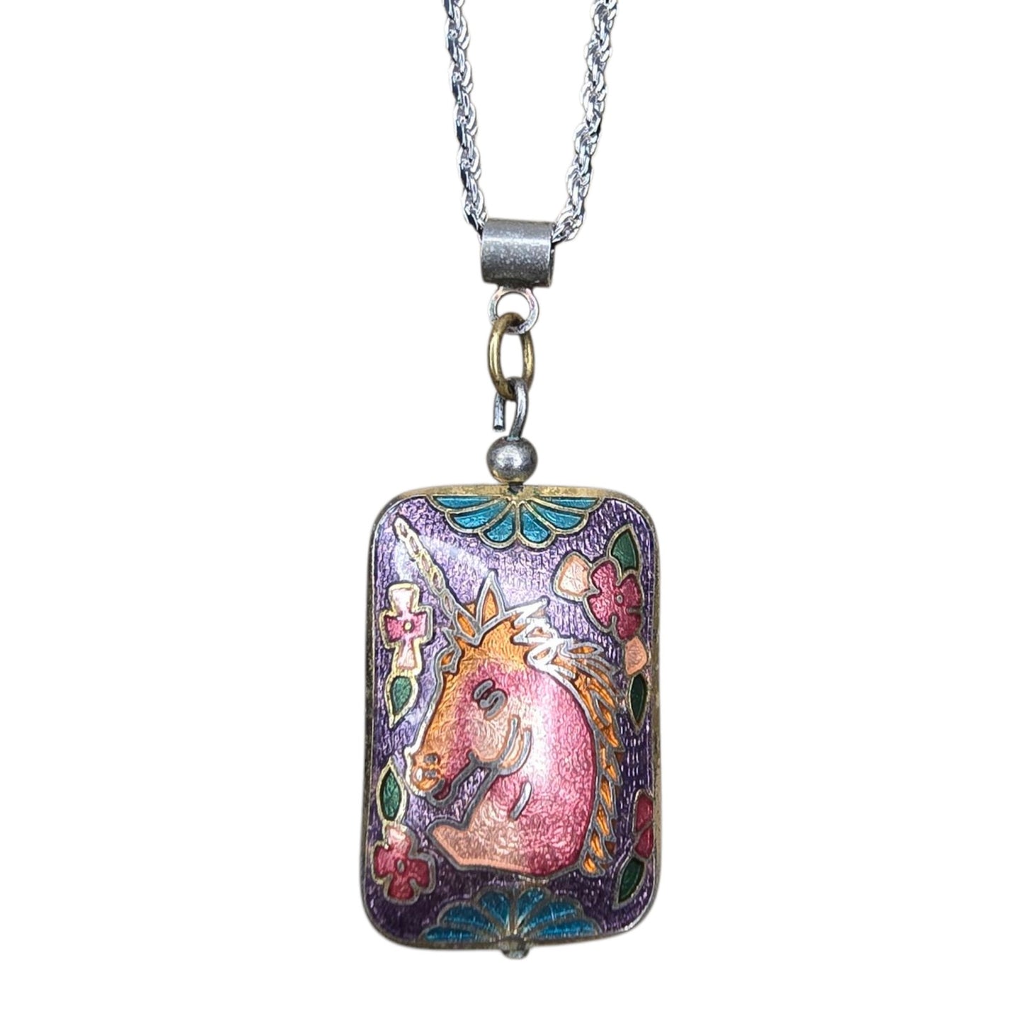* Vtg Cloissone Unicorn Pendant Double Sided Puffy Gold Pink Purple Blue Green