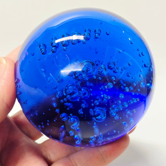 (Saved for Customer) Cobalt Blue Controlled Bubble Art Glass Sphere Paperweight Polished Bottom