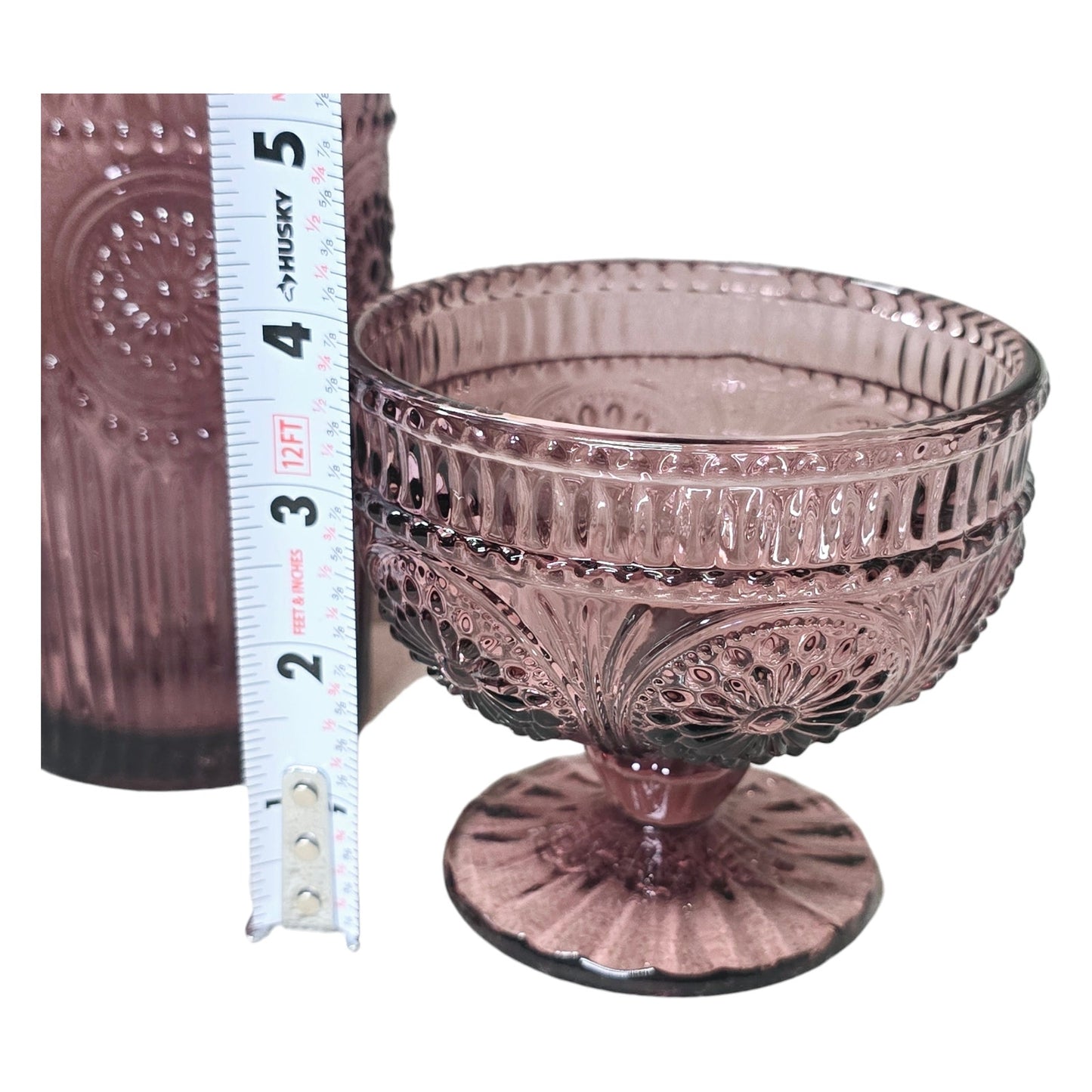 Pioneer Woman Plum Stemmed Glass Lot Raised Pressed Glass Goblet, Water Glass and Dessert Cup