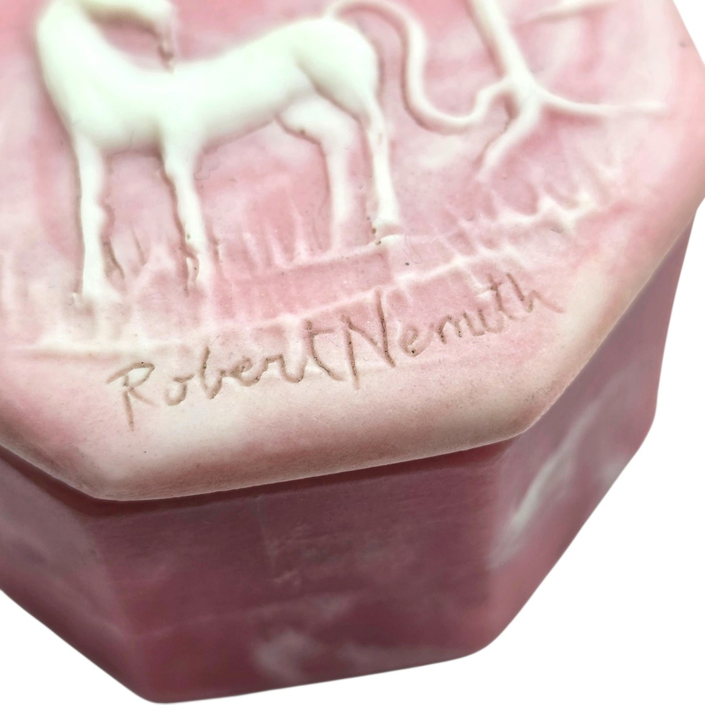 Robert Nemith Signed Incolay Stone Unicorn Trinket Box Relief Carved Mythical