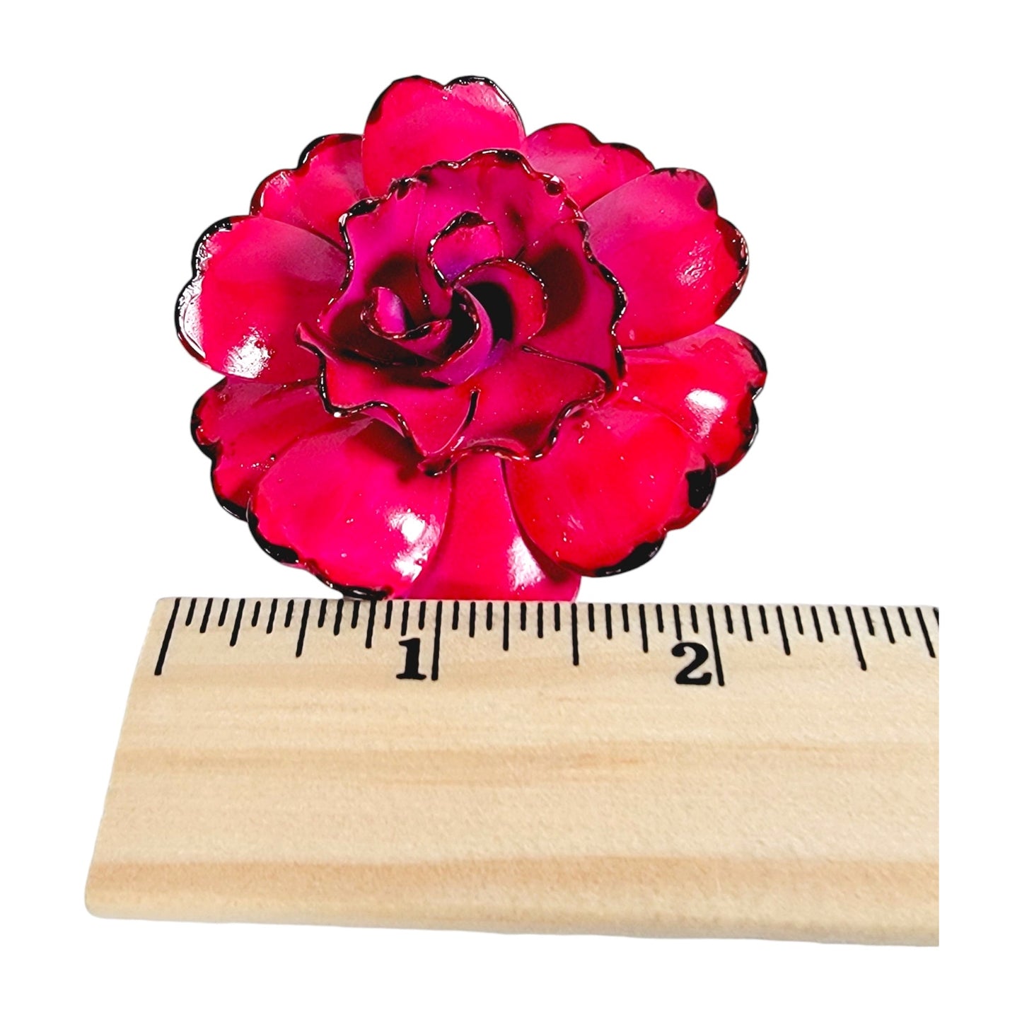 Vintage Red Rose Handpainted Metal Brooch with Slight Patina Underside 2.25" W