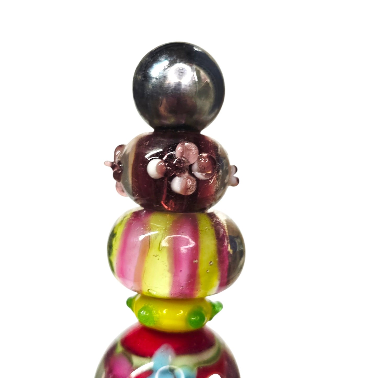 Bottle Stopper Blue Green Red Art Glass Bead Style Chrome Rubber BoHo Wine 5"