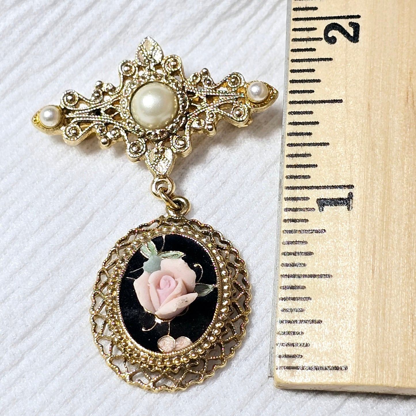 Vintage 1980s Gold Tone Ceramic Rose Faux Pearl Dangle Broch from 1928 Jewelry Company