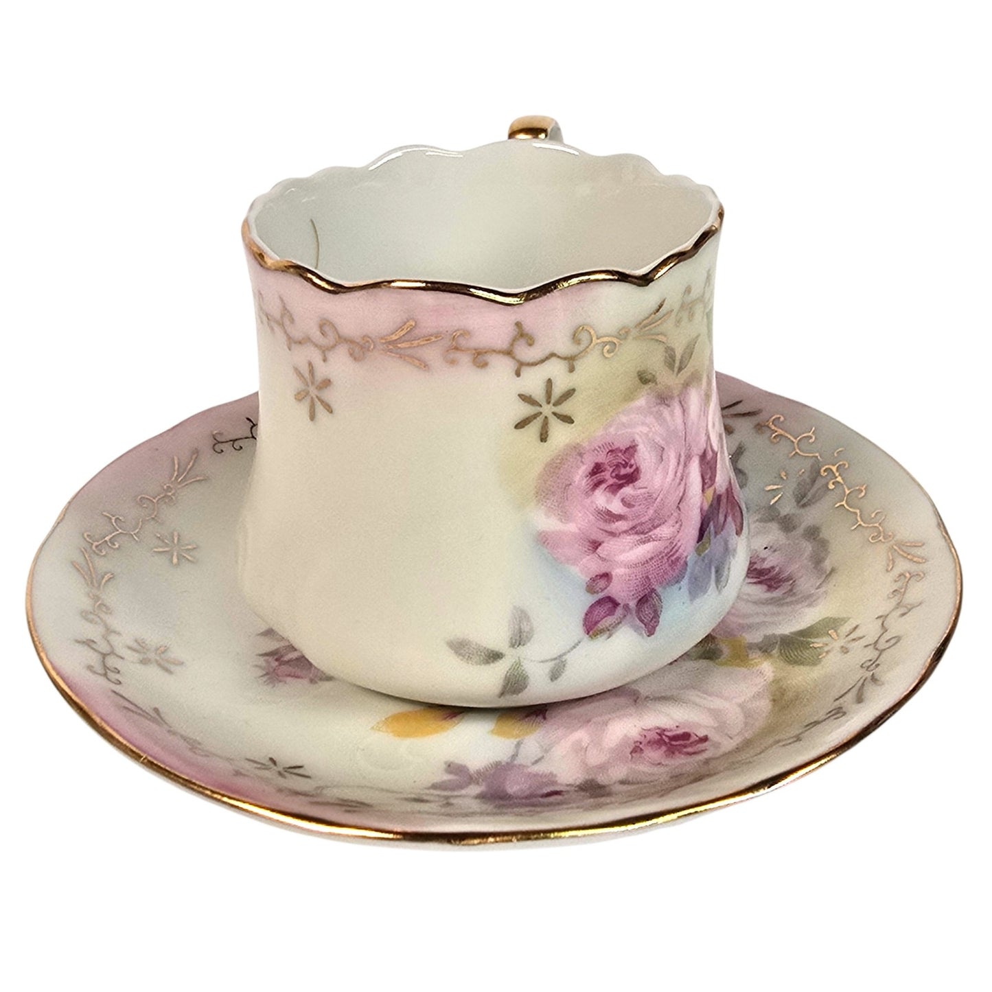 Vintage Japanese Porcelain Demitasse Cup and Saucer Set Floral Gold Trim Rose