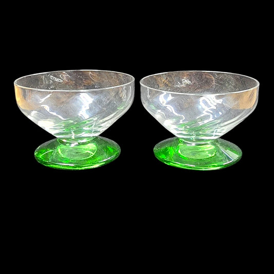 Vtg Uranium Glass Open Salts, 1.5" H, Optic Green Glass Pedestal Mini Glass Cups