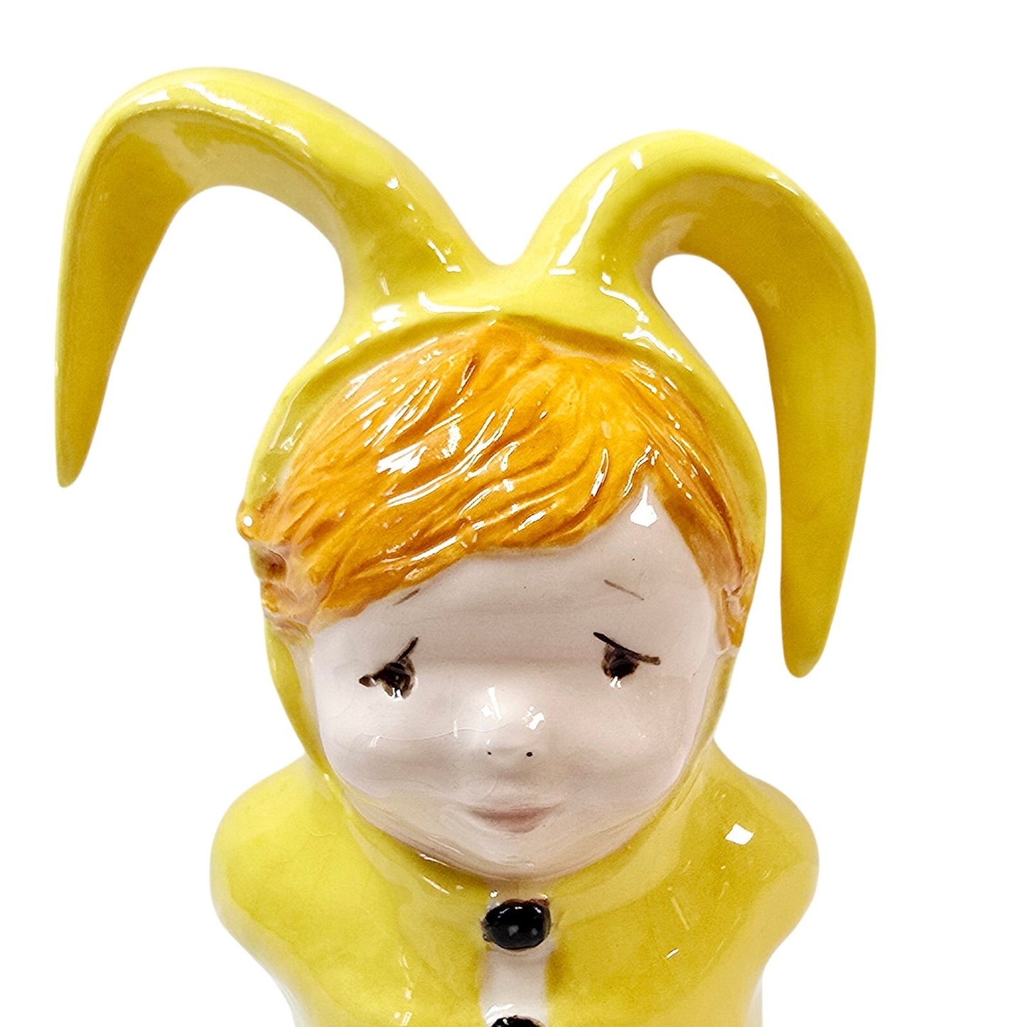 Vintage Ceramic Handpainted Sad Child in Easter Bunny Suit, Yellow Nightmare Costume Signed 1985